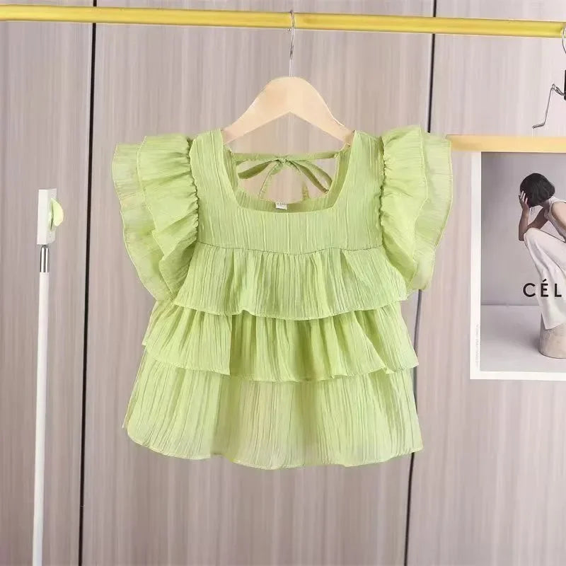 Girls Tops Vest Summer New White Ruffles Sleeveless Short Shirt Teens Kids Clothes 12 13 14 Years Children Beach Hooliday Blouse