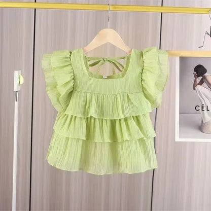 Girls Tops Vest Summer New White Ruffles Sleeveless Short Shirt Teens Kids Clothes 12 13 14 Years Children Beach Hooliday Blouse