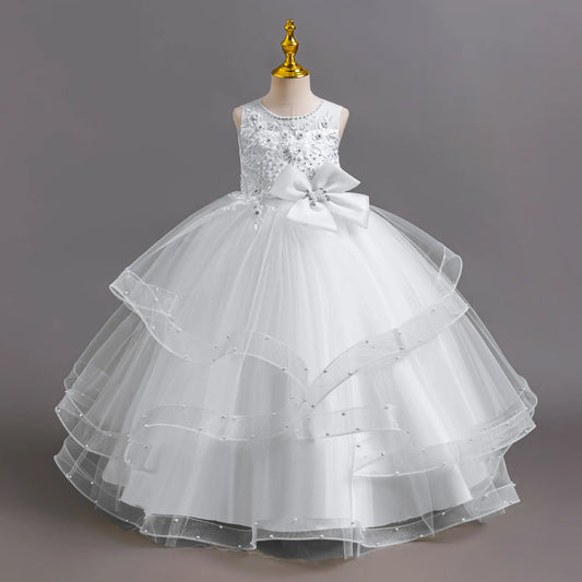 Girls Elegant Dresses Summer Flower Embroidery Princess Dress Girl Birthday Formal Party Dresses White Wedding Bridesmaid Dress