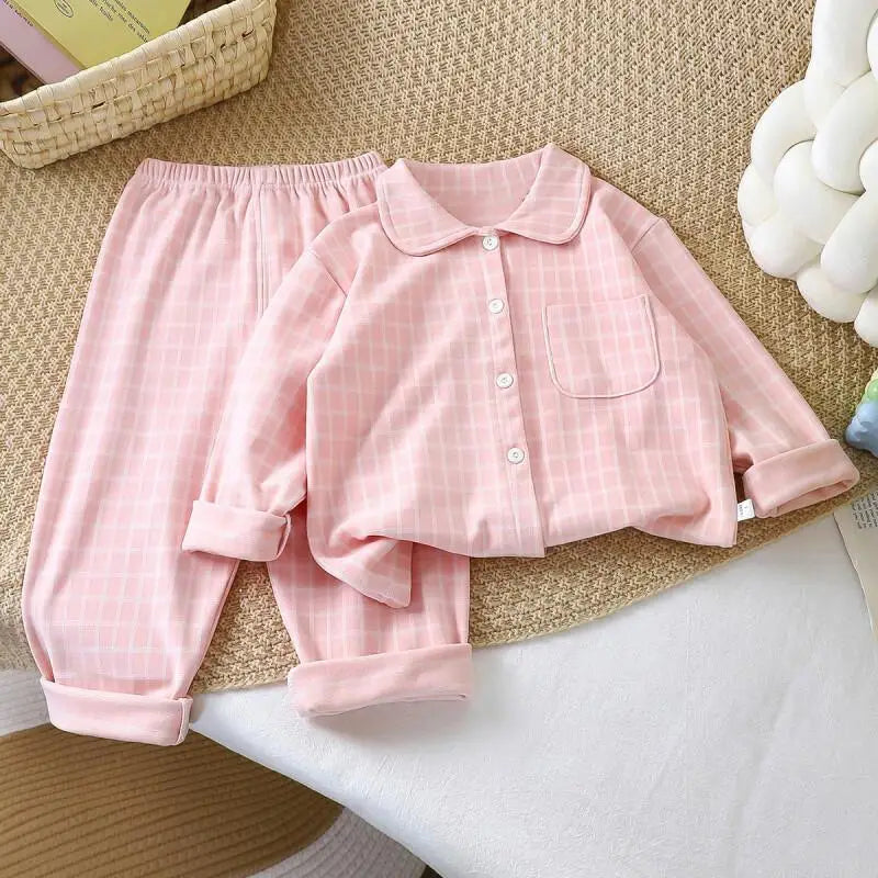 Boys and Girls children's Pajama Set autumn winter Korean Style Plaid Cardigan Lapel long-sleeved PJs Set Loungewear Two-piece