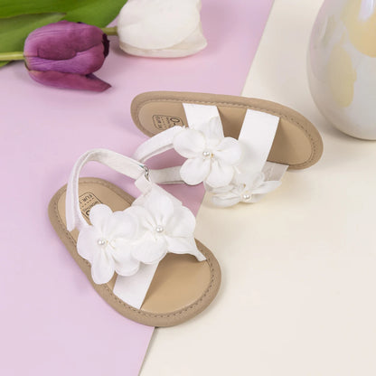 2025 New Baby Girls Shoes Flowers With Pearls Summer Cool Princess Sandals Lightweight Comfortable Soft Anti-slip Flat Sole