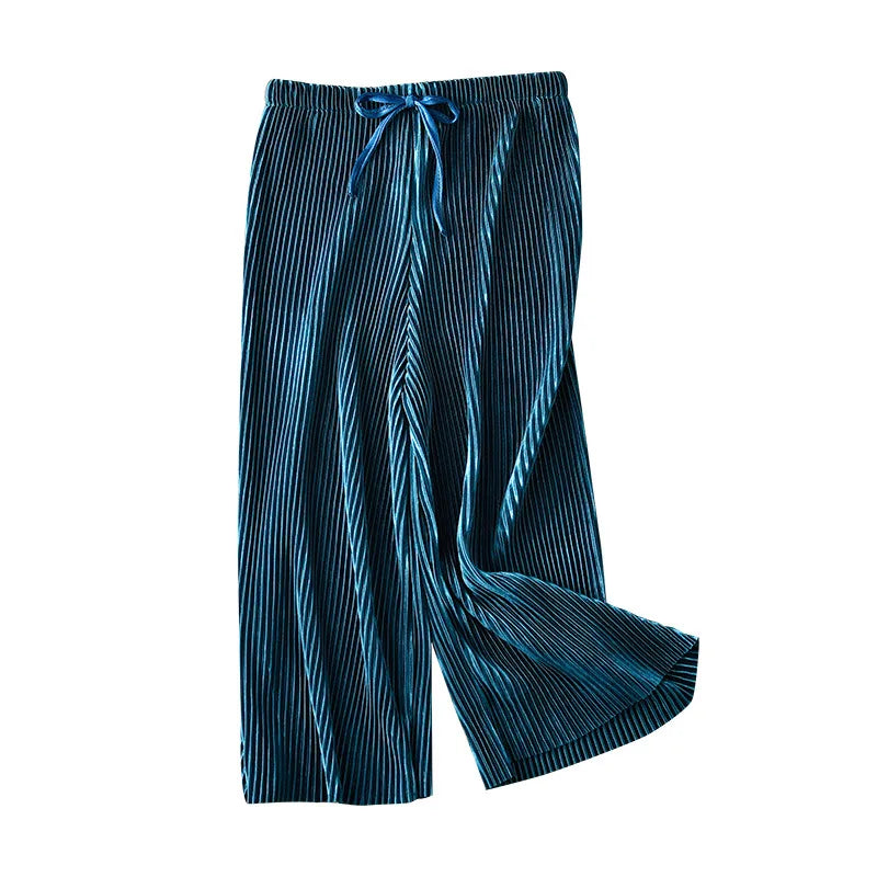 2025 New Girls' Pleated Wide-Leg Pants, Chiffon Ice Silk 9/10 Trousers, Loose Casual & Stylish Summer Wear，For Daily Wear.