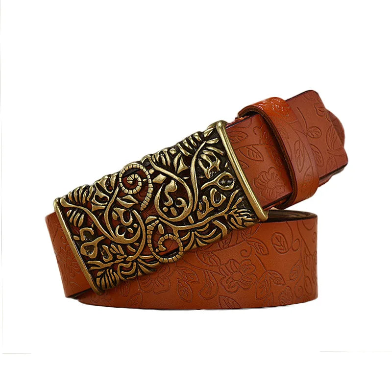 Vintage Flora Women Belts Cowhide Leather Belt Waistband with Sculpture Alloy Buckle for Dresses Skirts and Jeans