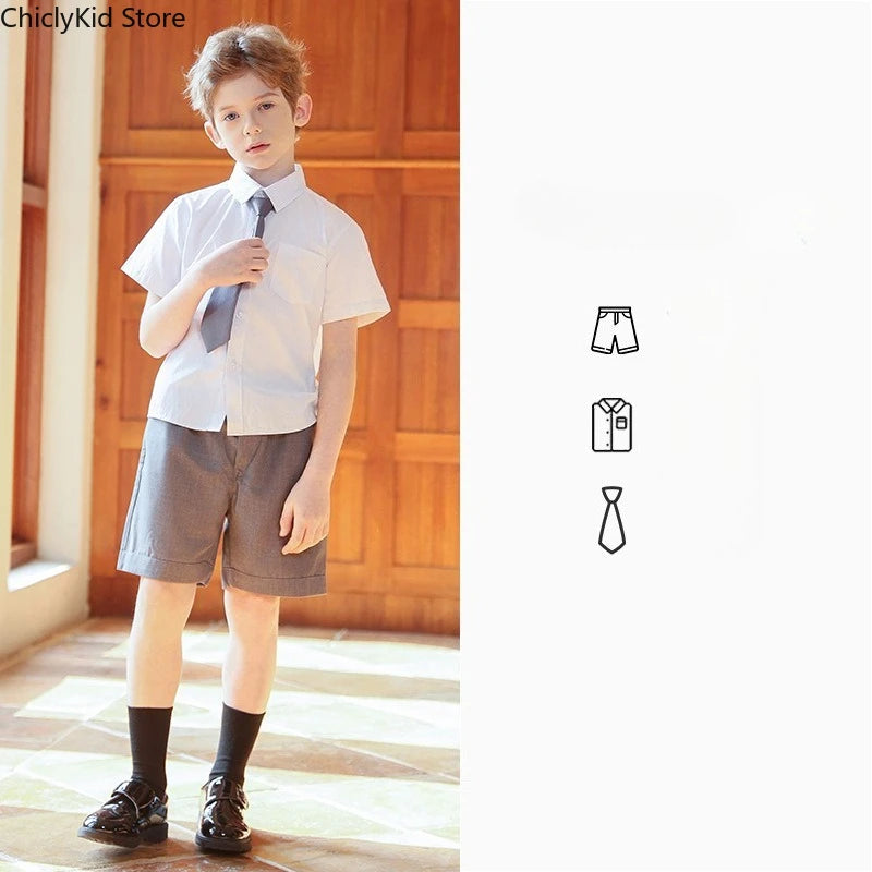 Girls Short Sleeve Blouse Skirt Boys British Shirt Shorts Children Kindergarten Students Summer Clothes Sets Kids School Uniform