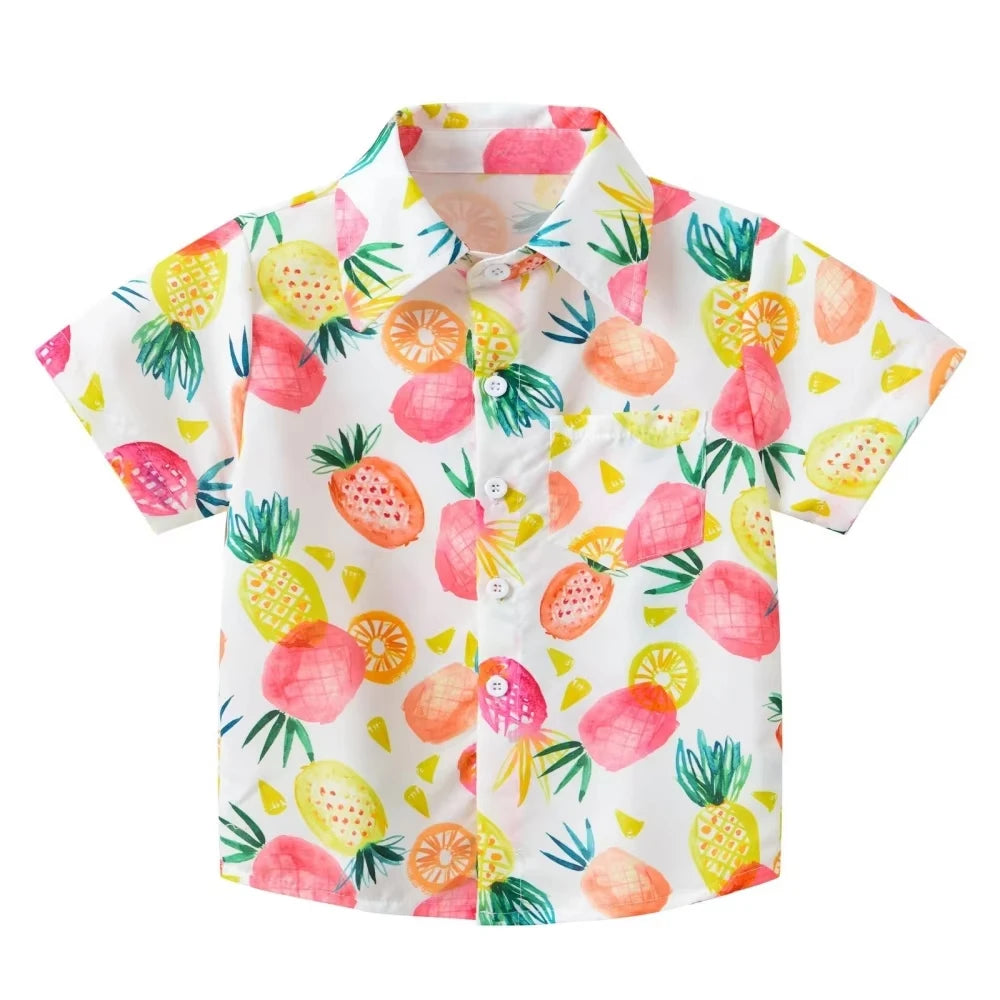 Girl Blouse Fashion Pink Flower Printed Children Top Lapel Short Sleeve Girl Clothes from 5 to 6 Years Top Shirts for Children