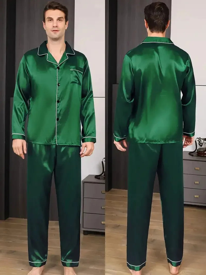 Men Pajamas Set Silk Satin Nightwear Shirt Long Sleeve Pijama Male Fashion Soft Home Suit Big Size Spring Sleepwear For Sleeping