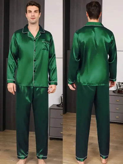 Men Pajamas Set Silk Satin Nightwear Shirt Long Sleeve Pijama Male Fashion Soft Home Suit Big Size Spring Sleepwear For Sleeping
