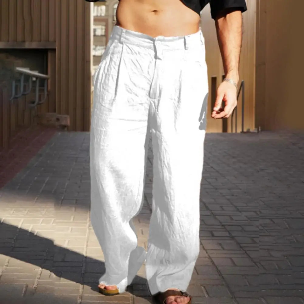Men Cotton Linen Slacks Solid Color Loose Casual Trousers Breathable Summer Yoga Pants Pleated Jogger For Beach Vacation Fishing