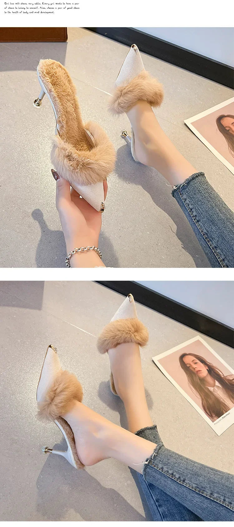 Women High Heel Shoes 2025 Fur Slippers Mules Pointed Toe Furry Slides Fashion Elegant Luxury Designer Flip Flops Office Pumps