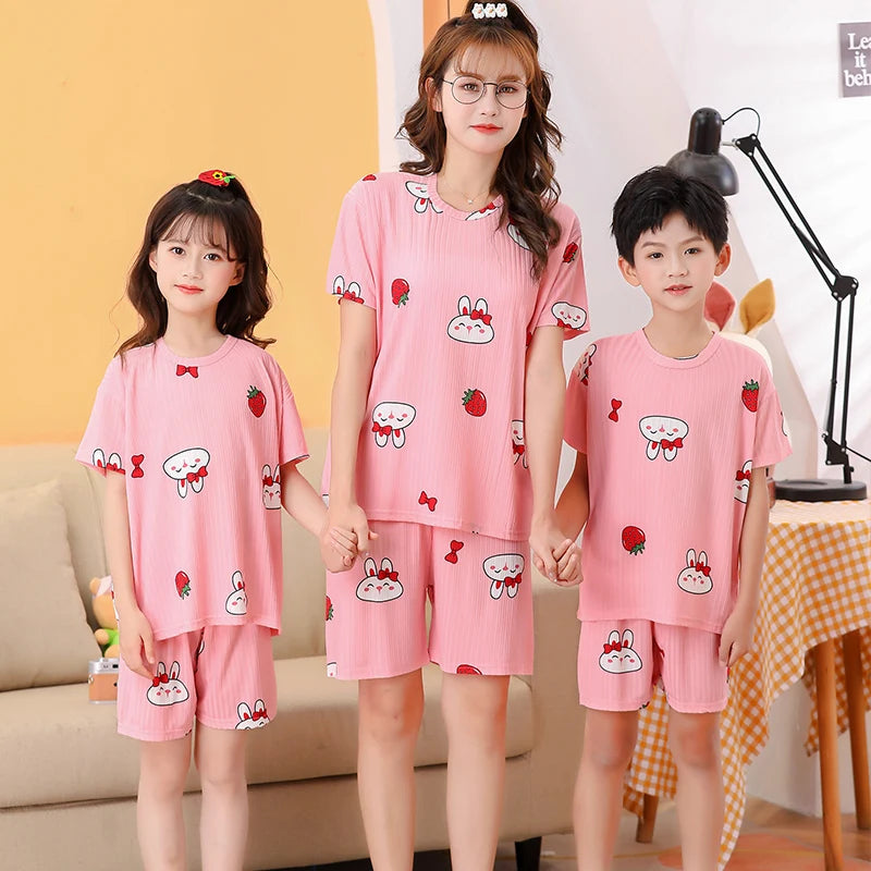 2 pieces for boys and girls pajamas Summer parent-child thin short sleeve cute neutral children's set CuHK children's homewear