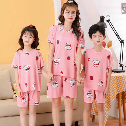 2 pieces for boys and girls pajamas Summer parent-child thin short sleeve cute neutral children's set CuHK children's homewear