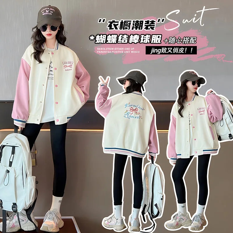 Girls Spring Autumn Jacket New Korean Style Front And Back Butterfly Knot Baseball Coat Teenage Children's Jacket