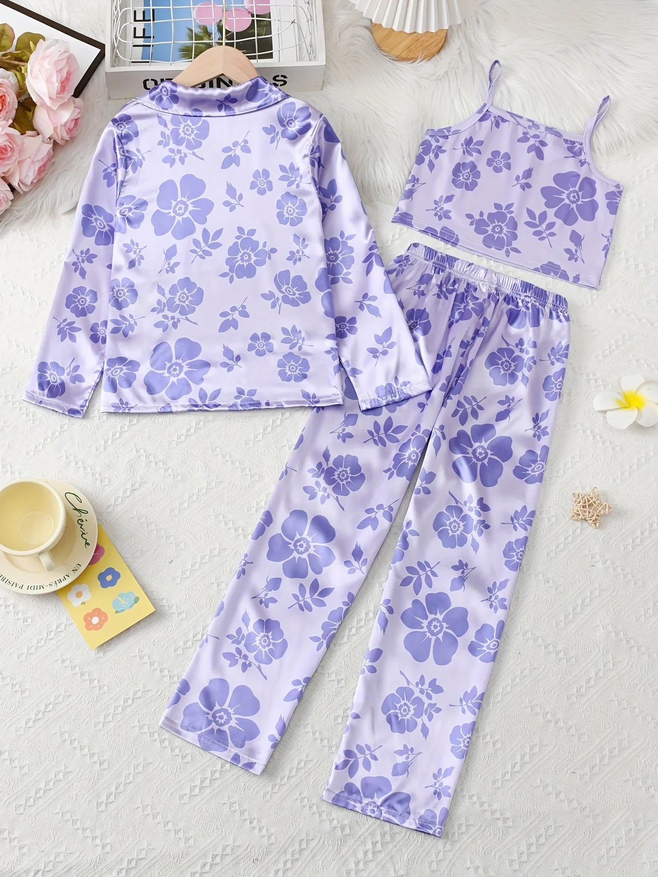 3-Piece Girls Purple Flower Print Satin Pajama Set - Comfortable Loungewear with Button Up Lapel Collar Blouse, Cami Top, Pants