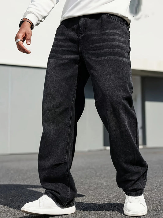 Men's Classic Straight-Leg Jeans - Cotton Blend, Dark Blue Denim, Non-Stretch, All-Season Wear, Comfort Fit with Slant Pockets