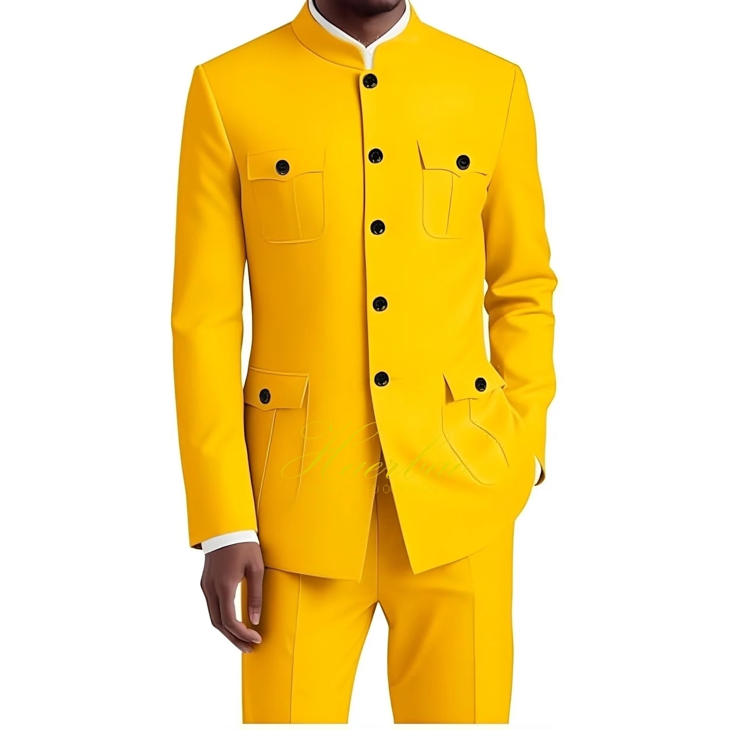 Men's Chinese Tunic Suit Formal 2 Piece Suits for Men Collar Jacket Slim Fit 4 Pocket Blazer Wedding Men Suits Tuxedo