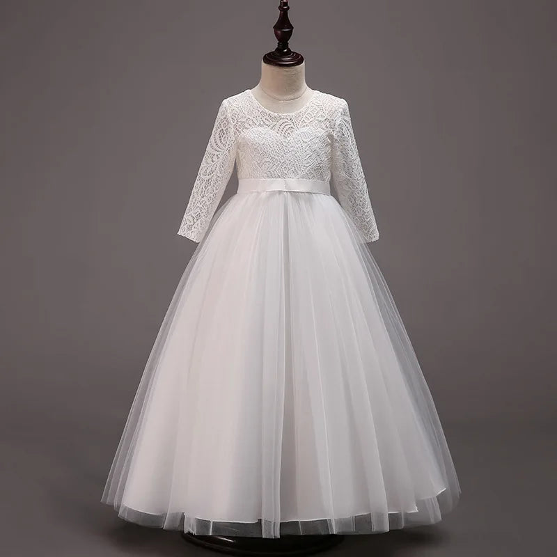 Elegant Dress For Teenage Girl Lace White Long Sleeve Wedding Princess Dresses For Children Prom First Communion Long Puffy Gown