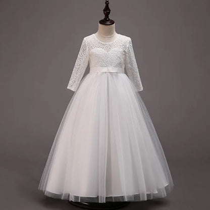 Elegant Dress For Teenage Girl Lace White Long Sleeve Wedding Princess Dresses For Children Prom First Communion Long Puffy Gown