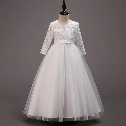 Elegant Dress For Teenage Girl Lace White Long Sleeve Wedding Princess Dresses For Children Prom First Communion Long Puffy Gown
