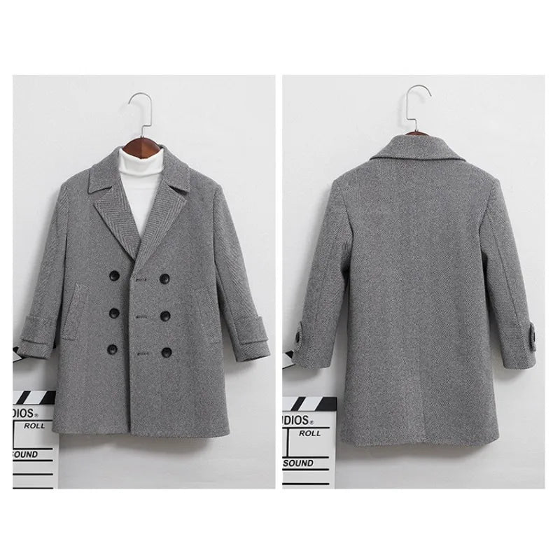 Boys Girls Winter Thick Warm Wool Coat Kids Windproof Cotton Padded Long Jacket Children Fromal Woolen Coat Teens Clothes