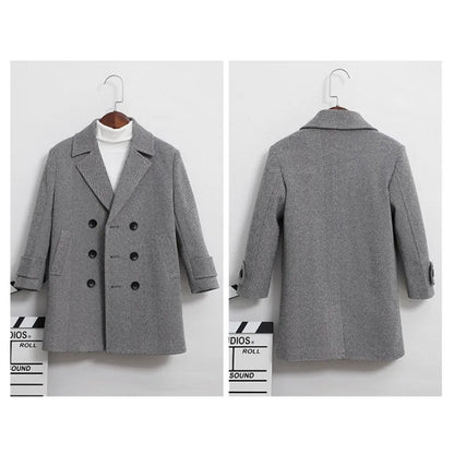 Boys Girls Winter Thick Warm Wool Coat Kids Windproof Cotton Padded Long Jacket Children Fromal Woolen Coat Teens Clothes