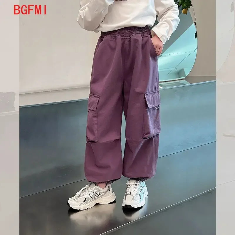 Girls Purple Casual Pants Big Children's Clothing Korean Black Cargo Long Pants Girls 2026 Spring Fashion New Cotton Trousers