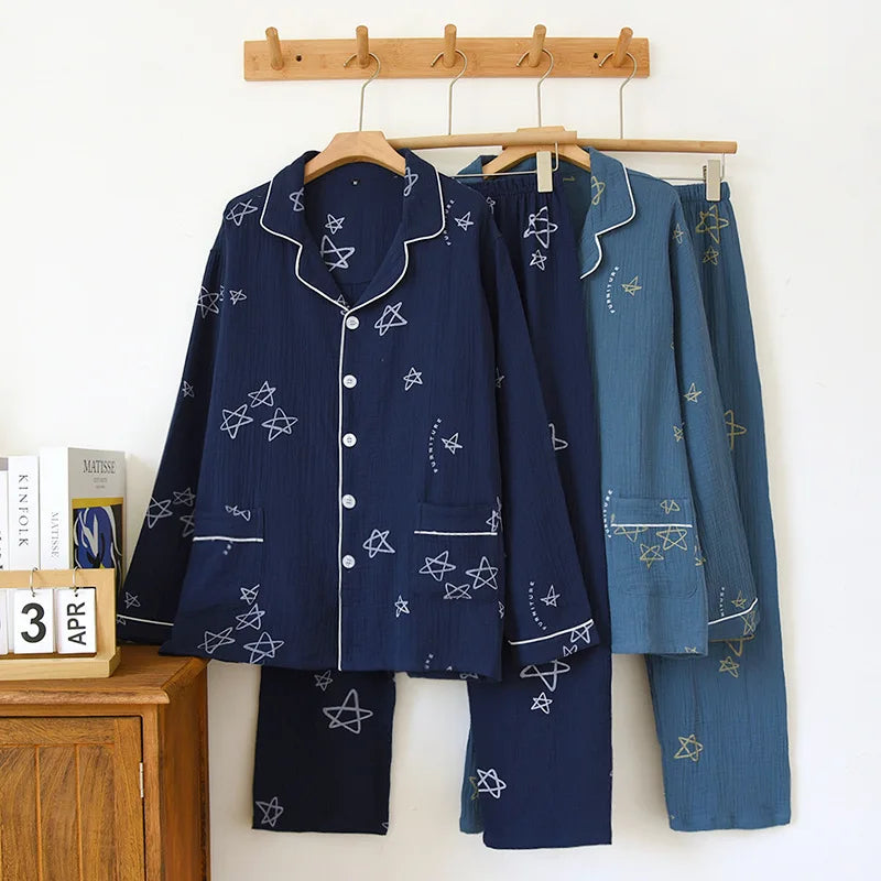 Men's Trousers Pajamas Set for Spring and Summer Thin Design Cotton Fabric Short Sleeved Long Pants Home Men Pyjama Set
