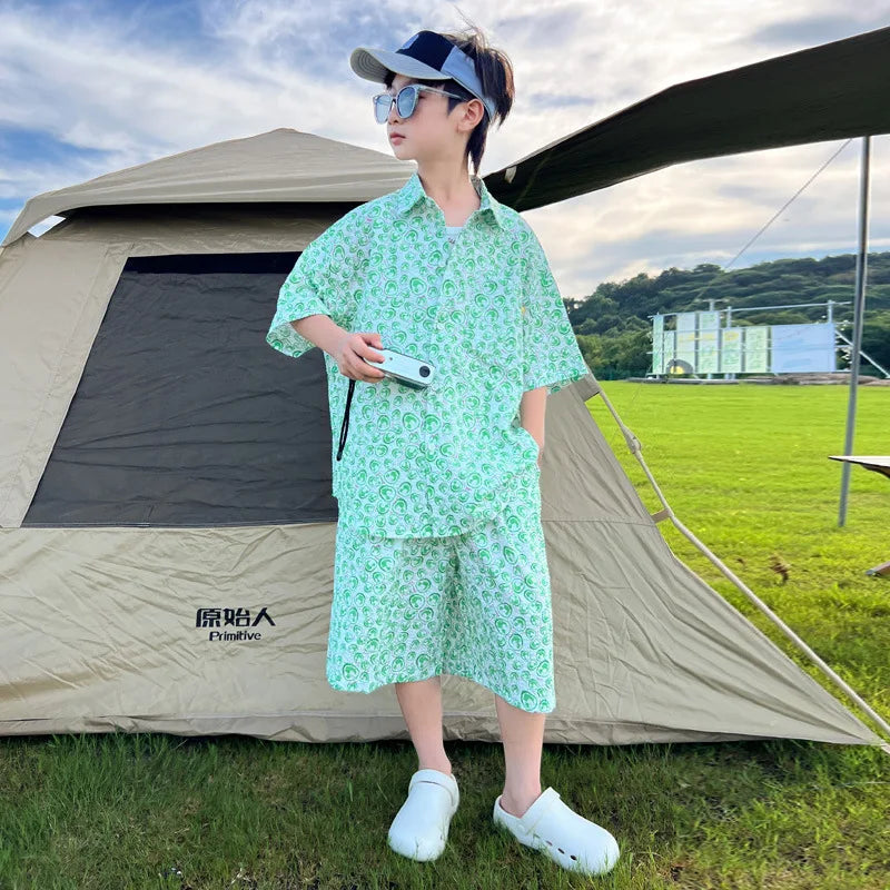 Boys' Summer Outfit Short-Sleeve Shirt Set 2025 New Design  Children Lightweight Summer Shirts for Middle Older Kids Beach Wear