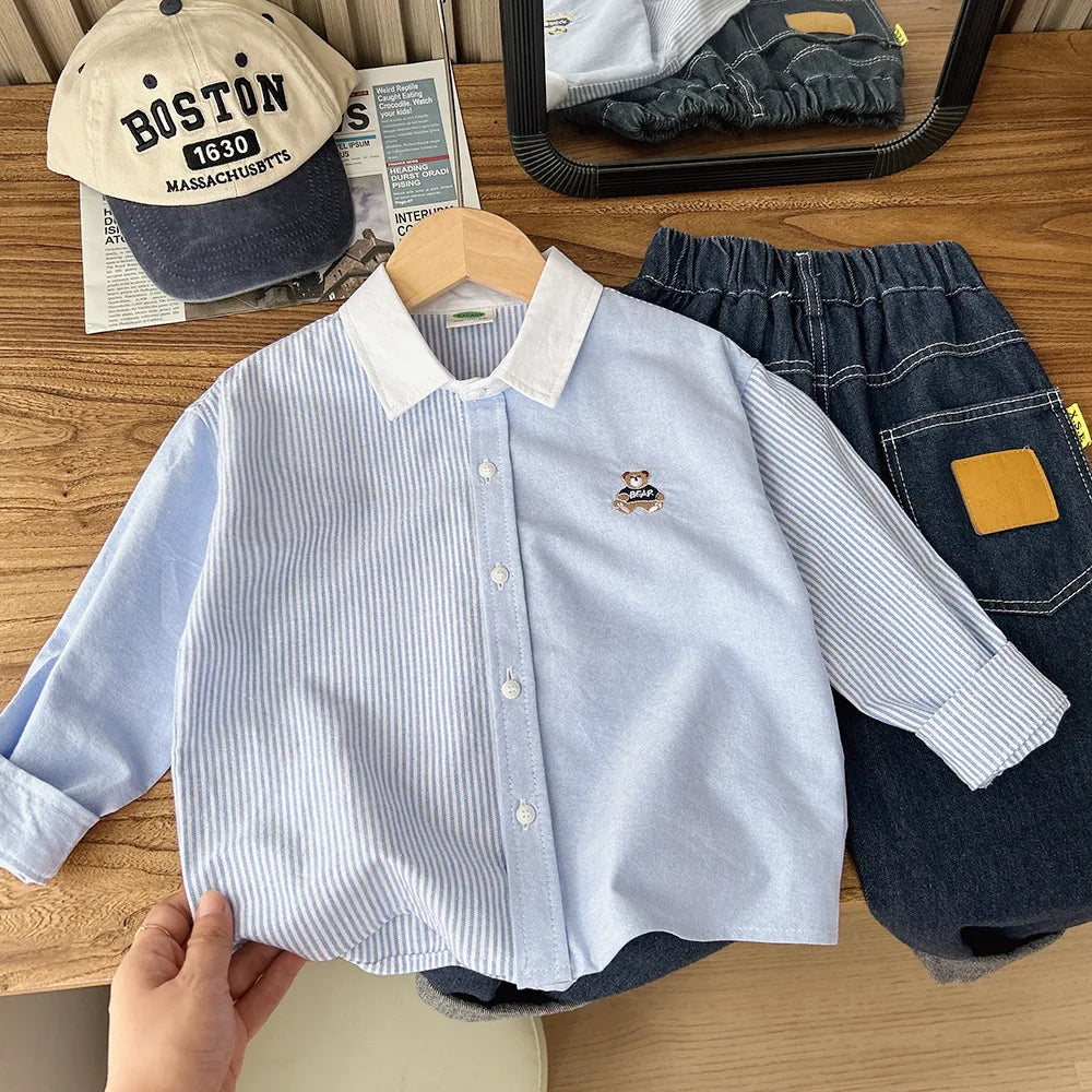 Children's Shirt Boys' Striped Shirt Spring  Autumn 2025 Cute Bear Embroidery Children's Casual Cartoon Top Baby Blue Shirt