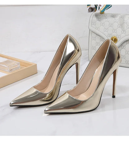 High Heels for Women ELEGANT Sweet Fashion British Style Slip-On 12CM Thin Heels Pointed Toe Office Career Women Shoes Gold 46
