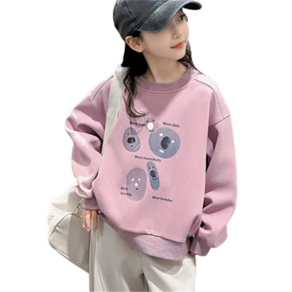 Fashion Cartoon Print Children's Sweatshirt For Teenage Girls Spring and Autumn Round Neck Sweatershirt Outfit Kids 5-14 Years
