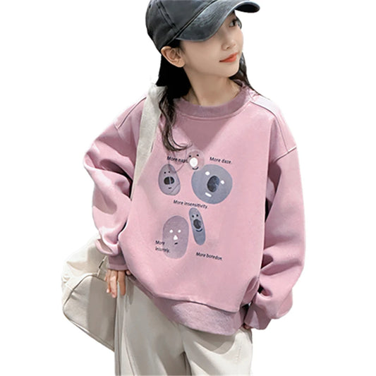 Fashion Cartoon Print Children's Sweatshirt For Teenage Girls Spring and Autumn Round Neck Sweatershirt Outfit Kids 5-14 Years