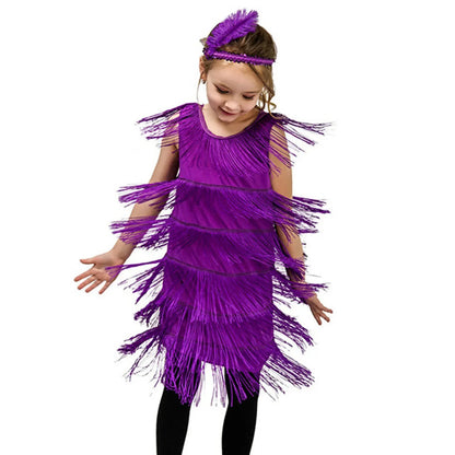 Short Sleeve Dress Girl Girls Flapper Dress Sequins Fringe Latin Dance Dress Tassel Tango Dress Tight Dress for Girl