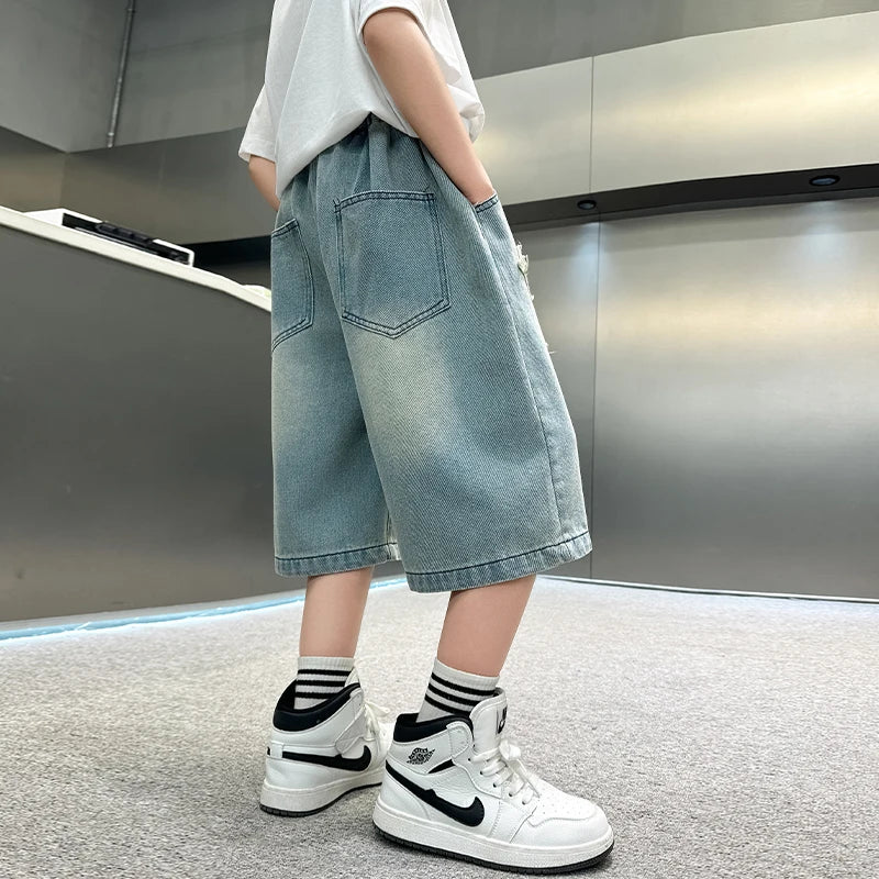 Boy Star  Jeans 2025 Summer New Product Fashion Boys Denim Mid-Pants Children's Casual Cropped Pants 5-15 Years Old