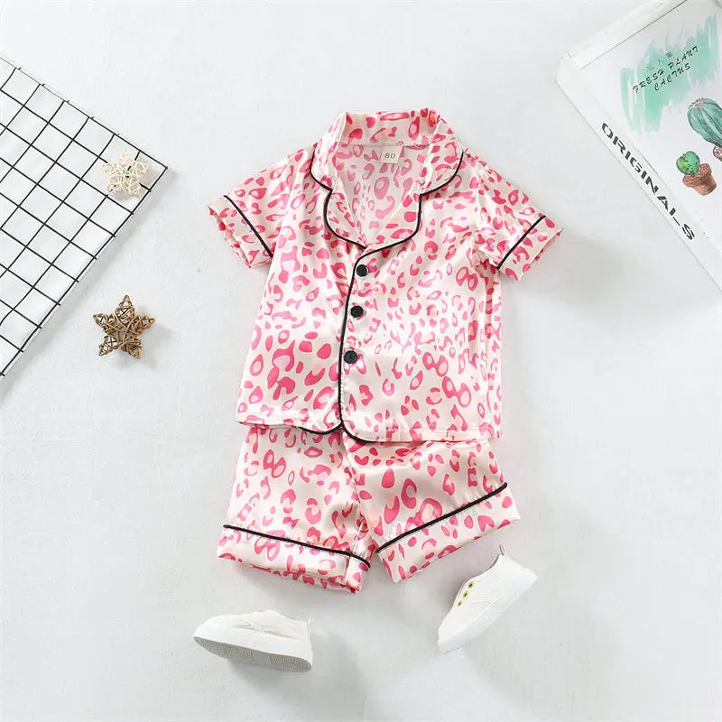 Boys Girls Kids Pajama Sets Cartoon Leopard print Short Sleeve T-Shirt Tops Pants Toddler Baby Sleeping Cloth Pijamas Sleepwear