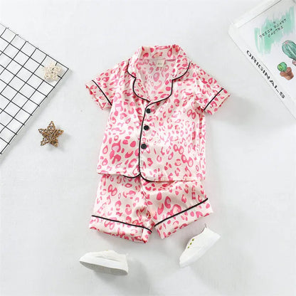 Boys Girls Kids Pajama Sets Cartoon Leopard print Short Sleeve T-Shirt Tops Pants Toddler Baby Sleeping Cloth Pijamas Sleepwear