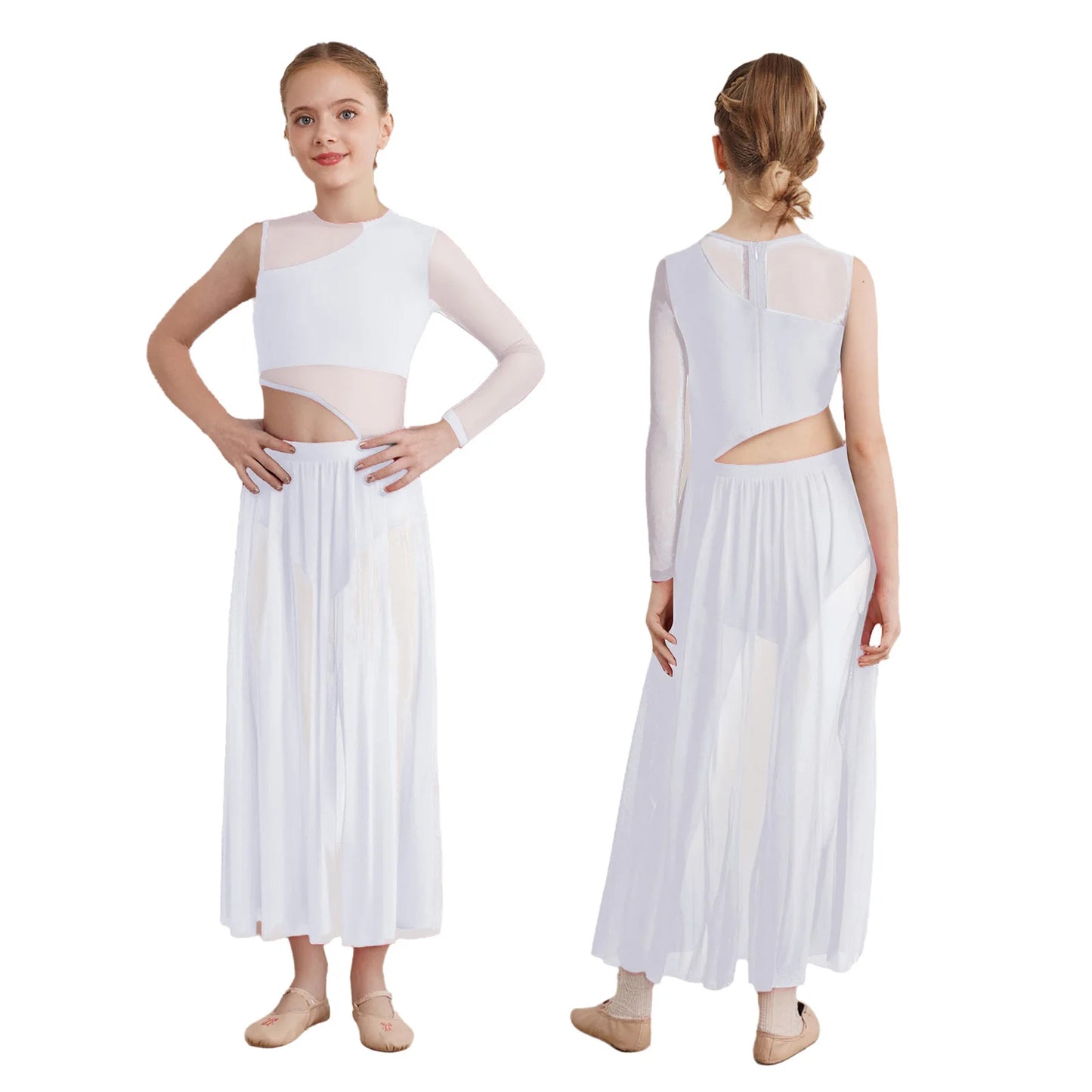 Kids Girls Modern Lyrical Dance Dresses Delicate Applique Keyhole Back Side Split Irregular Hem Asymmetrical Ruched Mesh Dress
