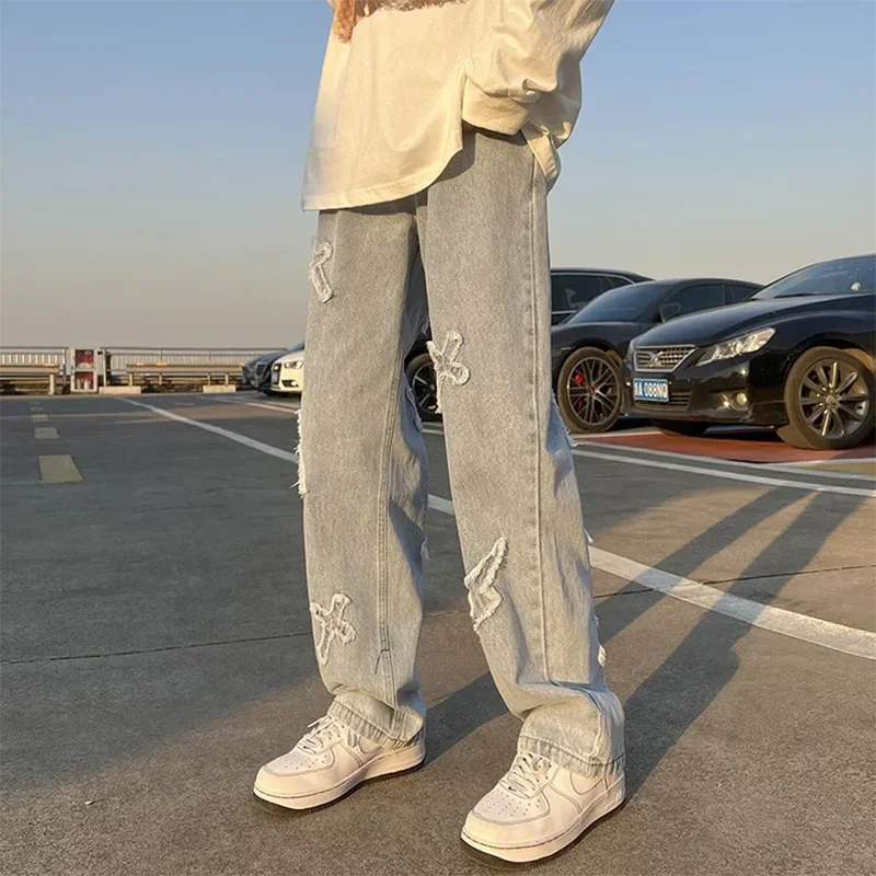 Men Straight Leg Denim Jeans Male New Fashion Casual Loose High Street Y2k Pants New Wide Leg Hip Hop Black Blue Pants