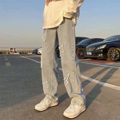 Men Straight Leg Denim Jeans Male New Fashion Casual Loose High Street Y2k Pants New Wide Leg Hip Hop Black Blue Pants