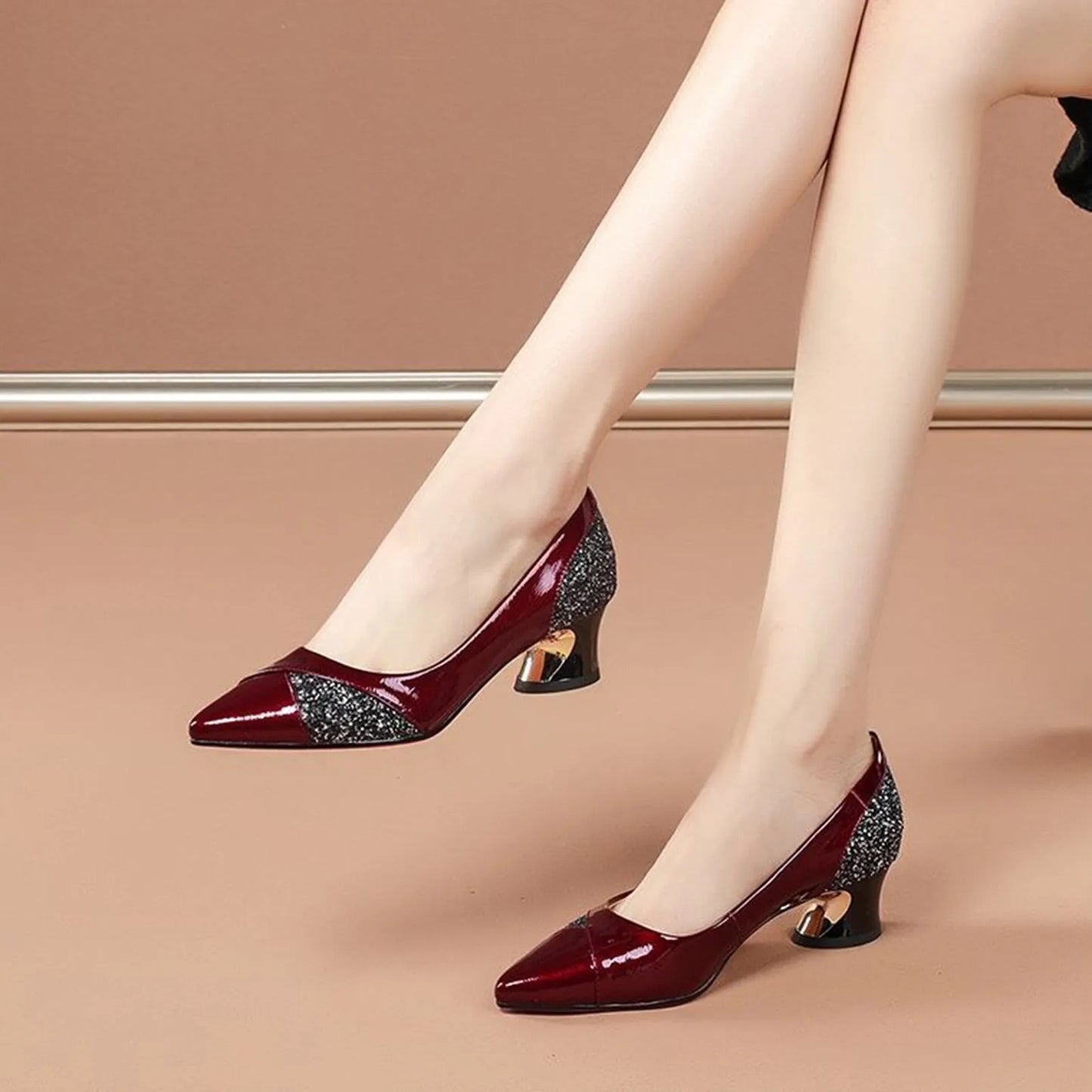 Women'S 4cm High Heels Elegant Fashion Red Pointed Toe Dress Office Shoes Wedding Bridal Loafers Party Shoes