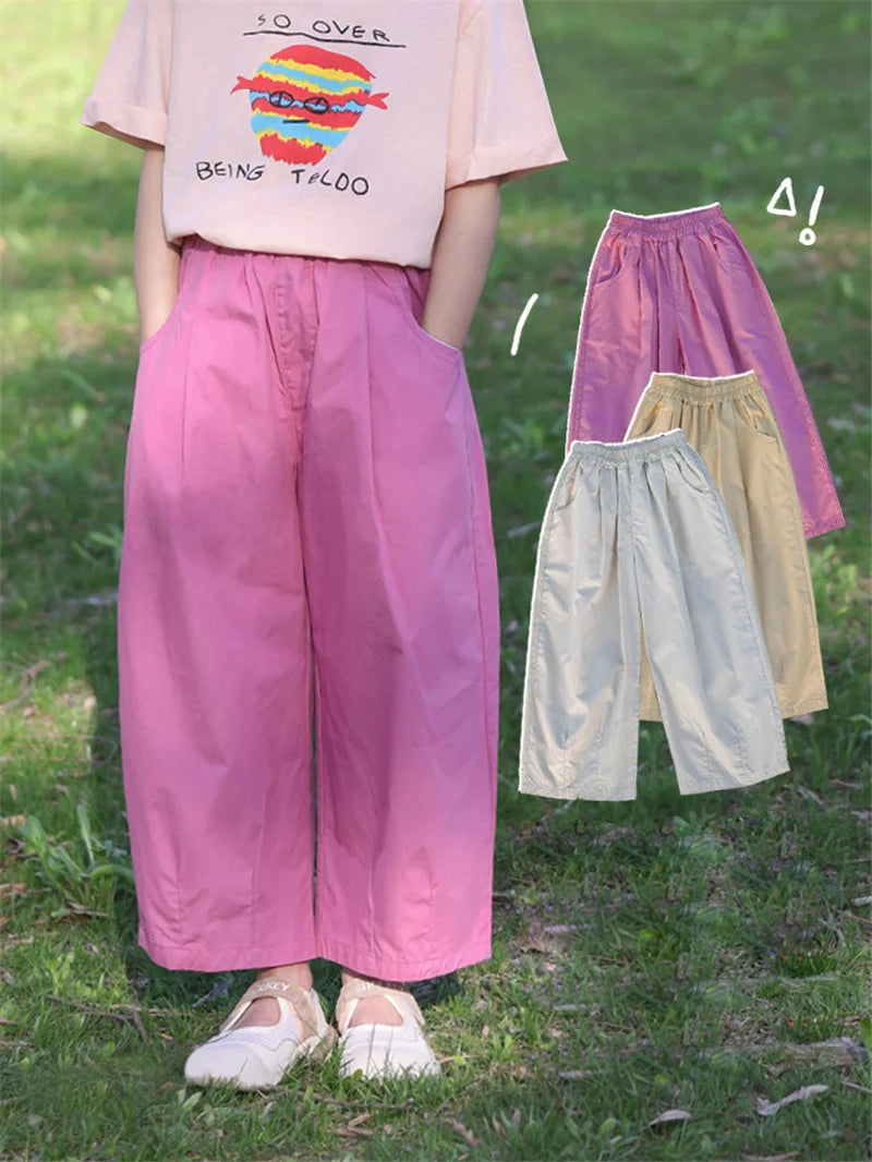 Girls Straight Pants Kids Loose Fit Casual Trousers Summer Wear Teen Mid-to-Big Children Thin Wide Leg Pants 5-14 Years