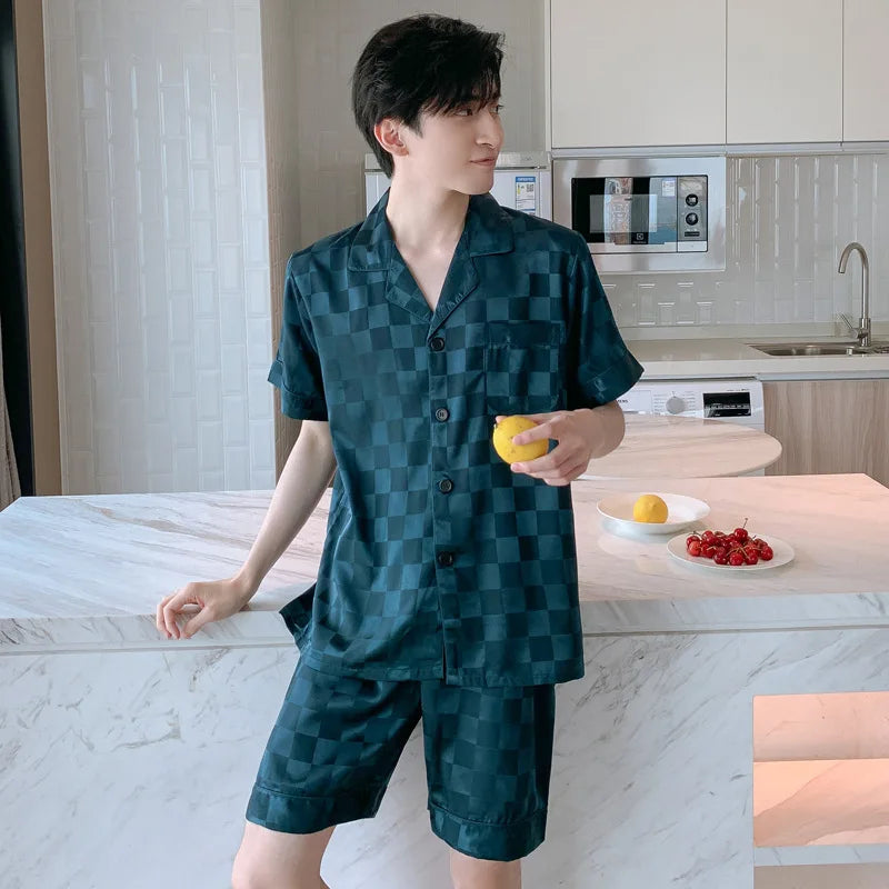 Pajamas Men Spring Summer Thin Ice Silk Luxurious Loose Fitting Home Wear Suit Male Satin Pyjamas Set Night Pajamas Set Men