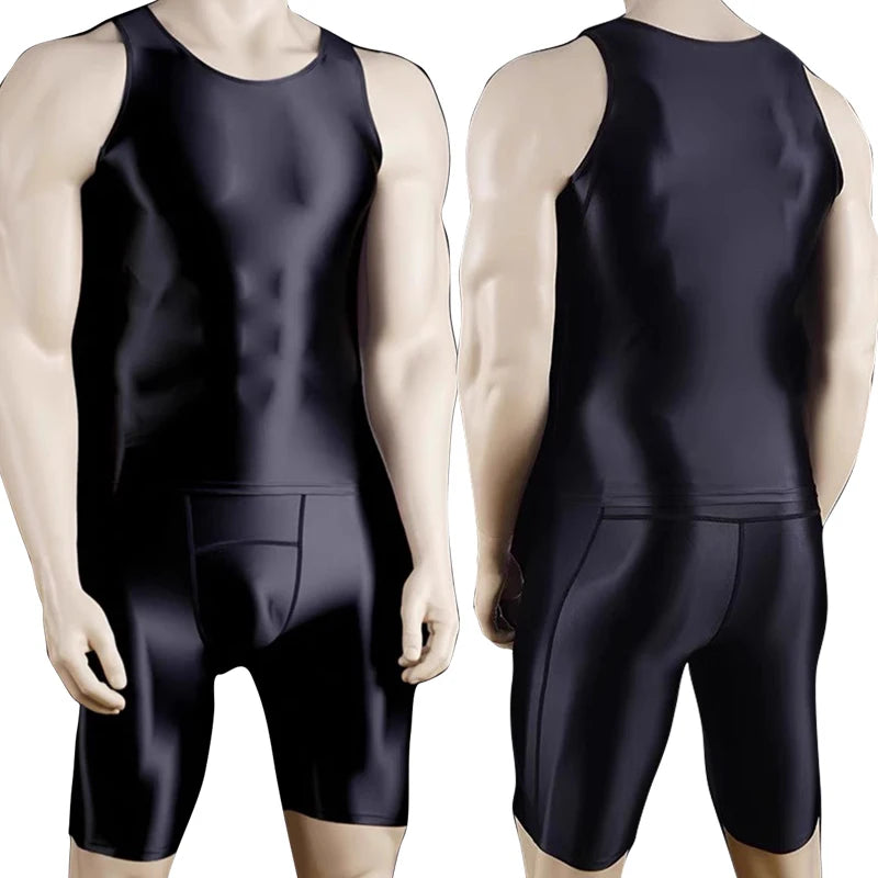Men Thin Fitness vest Tights suit Slim Bottoms Satin Glossy Leggings Streetwear Athletic Shorts Quick-drying Compression Pants