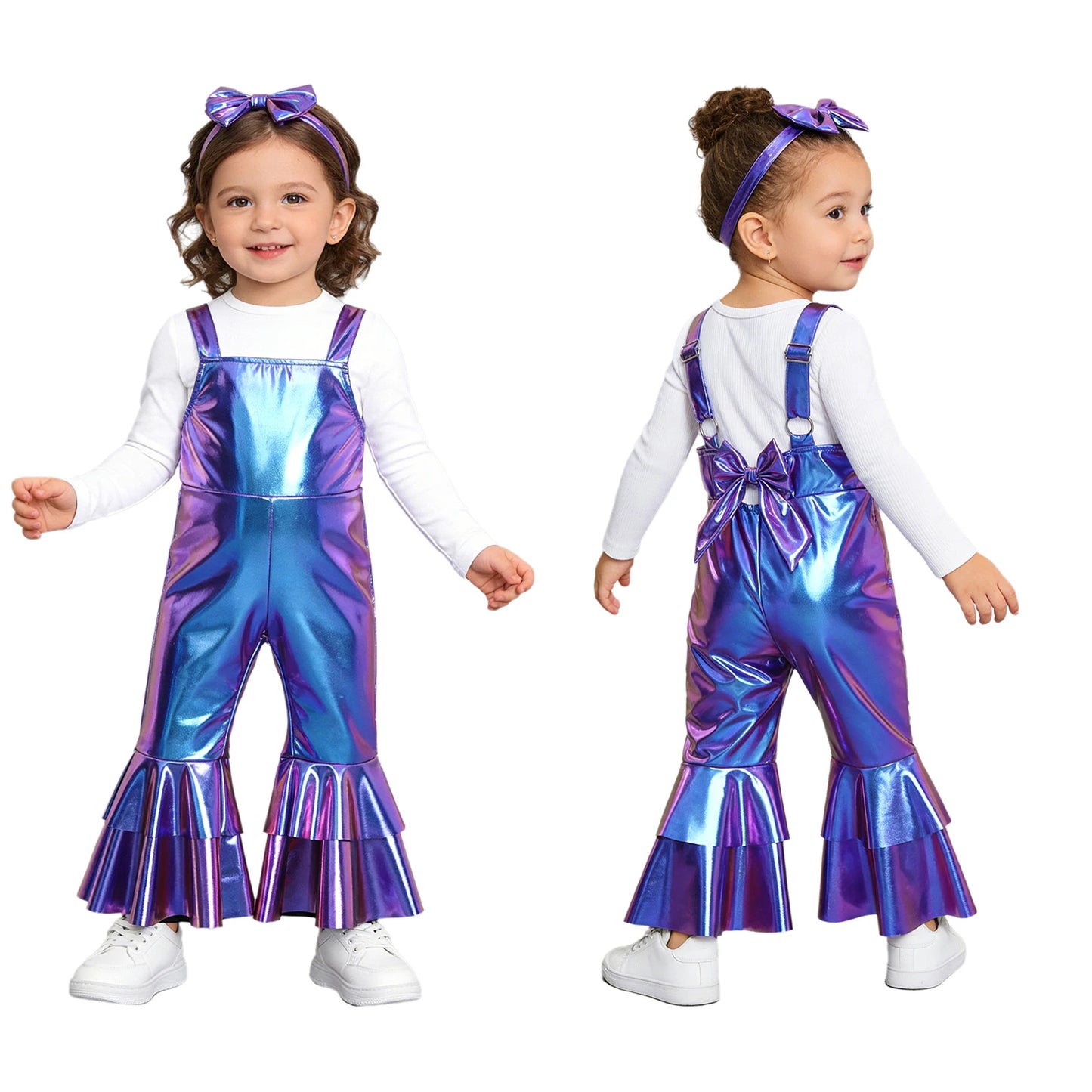 Baby Girls Clothes Birthday Party Metallic Bell Bottoms Romper Djustable Straps Bow Overalls with Headwear Photo Shoot Outfit
