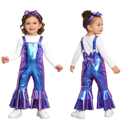 Baby Girls Clothes Birthday Party Metallic Bell Bottoms Romper Djustable Straps Bow Overalls with Headwear Photo Shoot Outfit