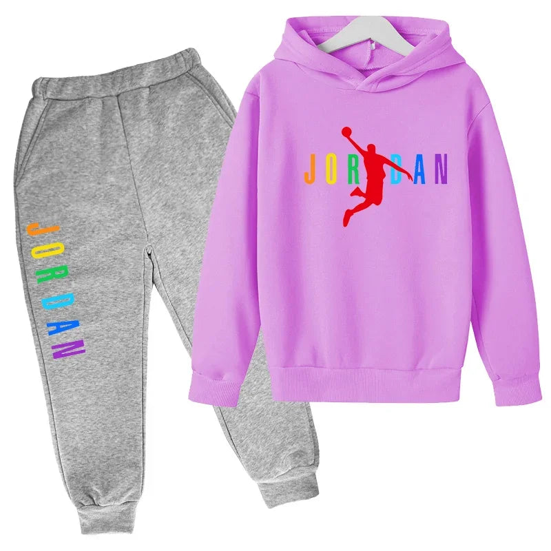 Children Sports Coat 3-13 Years Hoodie Basketball Letter Print Boys Sweatshirt Girls Toddler Top + Trousers 2P Stylish Casual Se