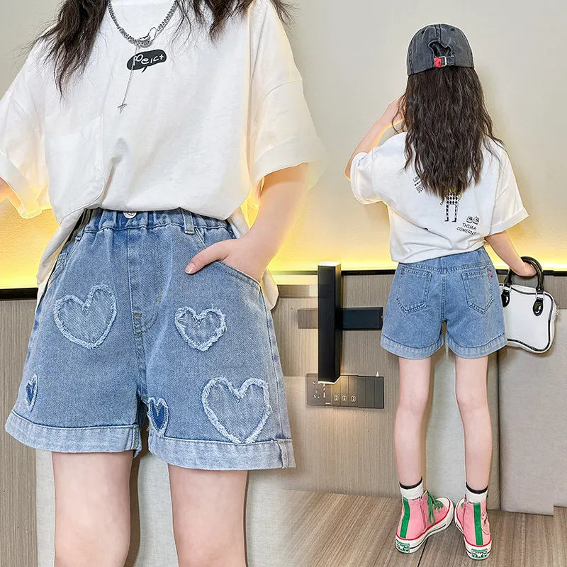 Girls Shorts with Heart Pattern High Waist Summer Hot Deals Teenage Child Fashion Jeans Kids Short Trousers Clothes 5-14Year Old
