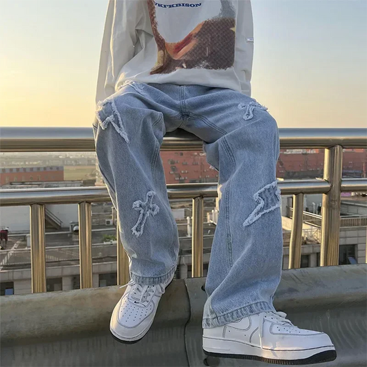 Men Straight Leg Denim Jeans Male New Fashion Casual Loose High Street Y2k Pants New Wide Leg Hip Hop Black Blue Pants