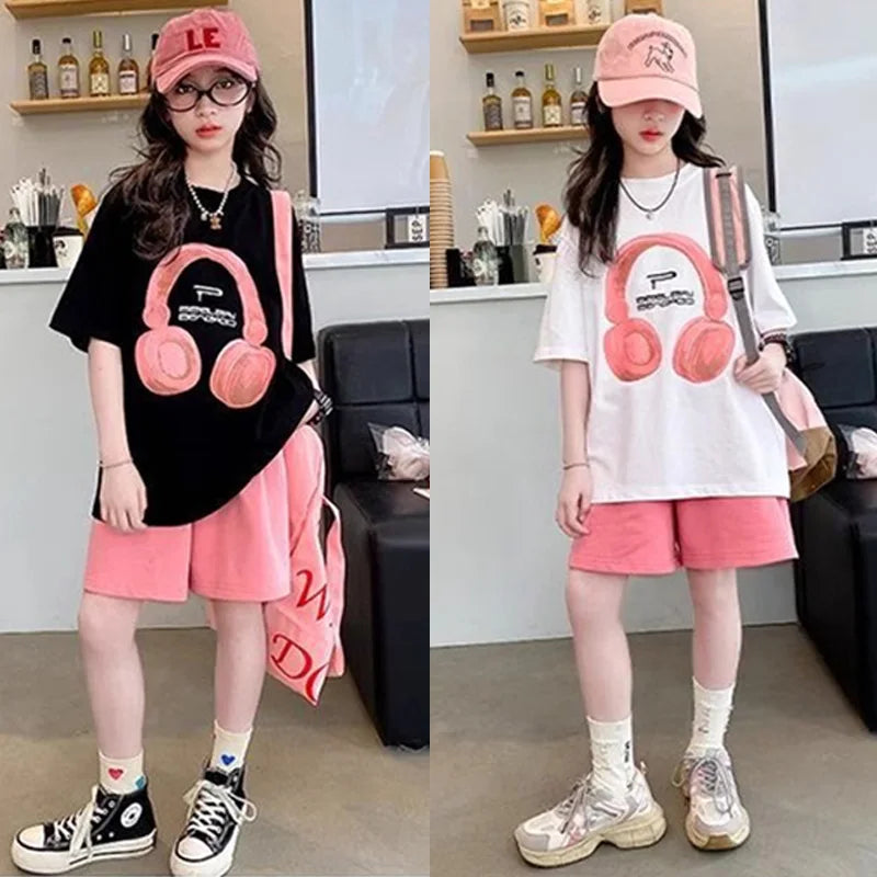 Girls' Shorts Set 2026 Summer New Kids' Suits Teenager Loose Short-Sleeve T-Shirt Outfits Children's Print Clothing Two-Piece