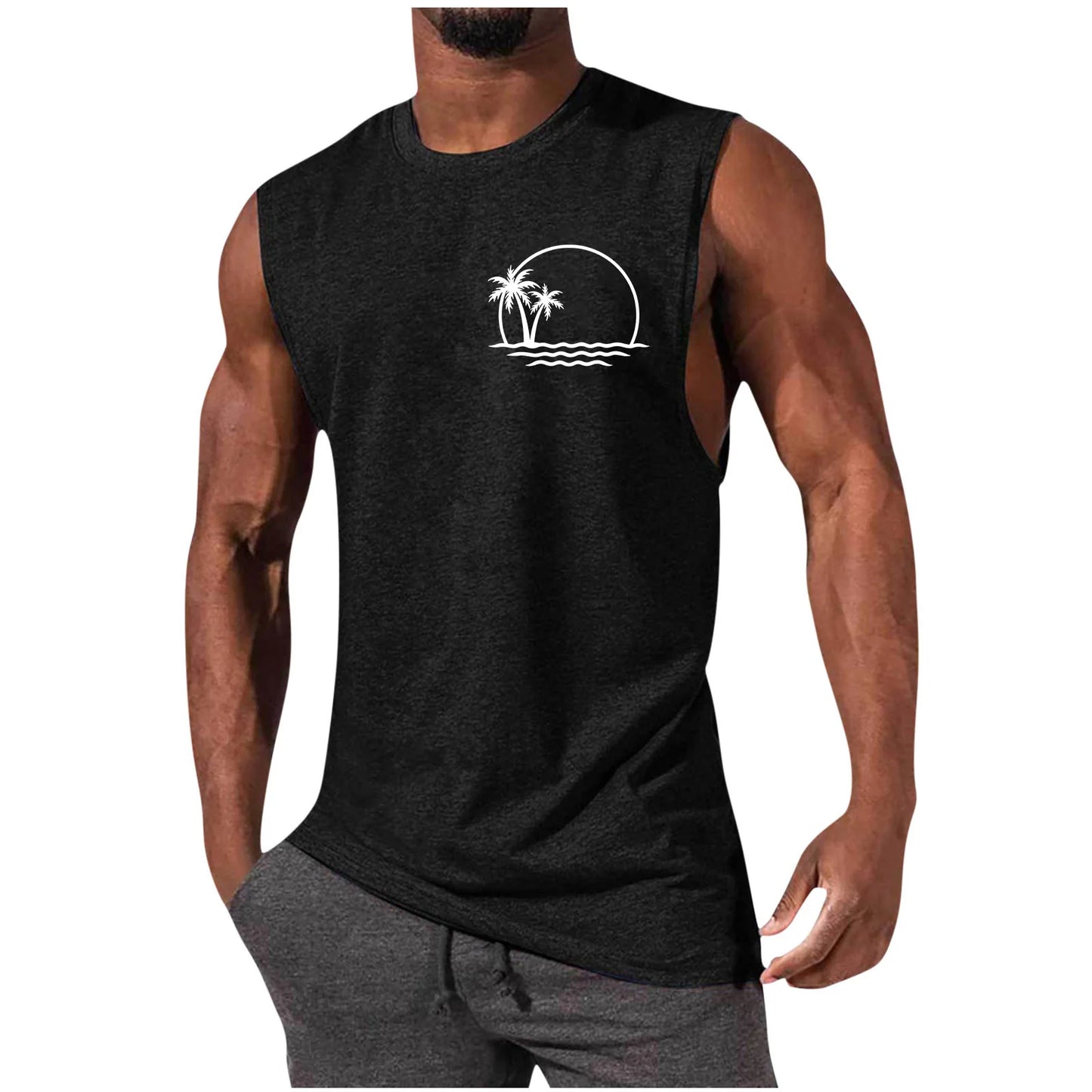 2025 Men's Hawaiian Beach Shirt Tropical Sunset Print Sleeveless Tank Top Palm Tree Vacation Swim Shirt Quick Dry Resort Wear