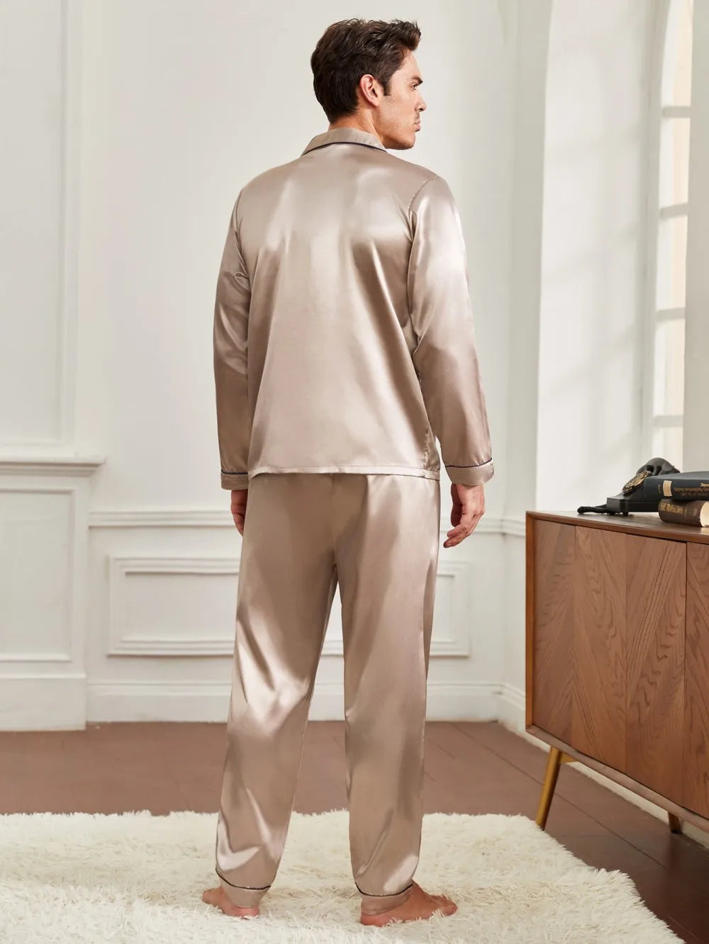 Men Sleepwear Solid Color Nightwear Long Sleeve Top&pants 2Pcs Pyjamas Suit Home Clothes Satin Homewear Outfits Male Pajamas